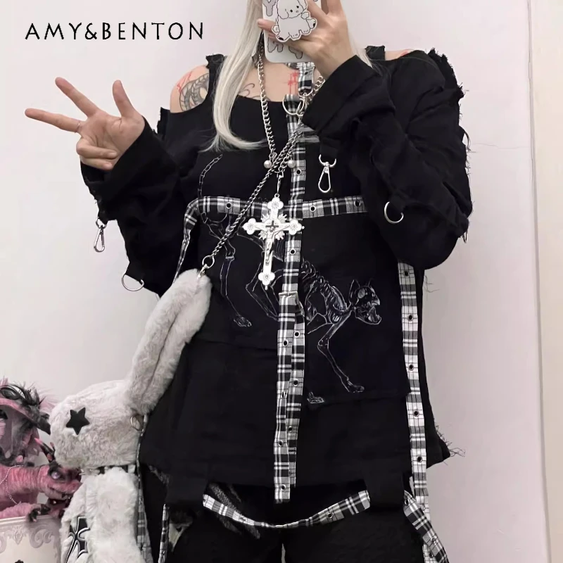 

Original Design Black Heavy Industry Plaid Splicing Print Women's Top Autumn New Off-Shoulder Loose Versatile T-Shirt Ladies