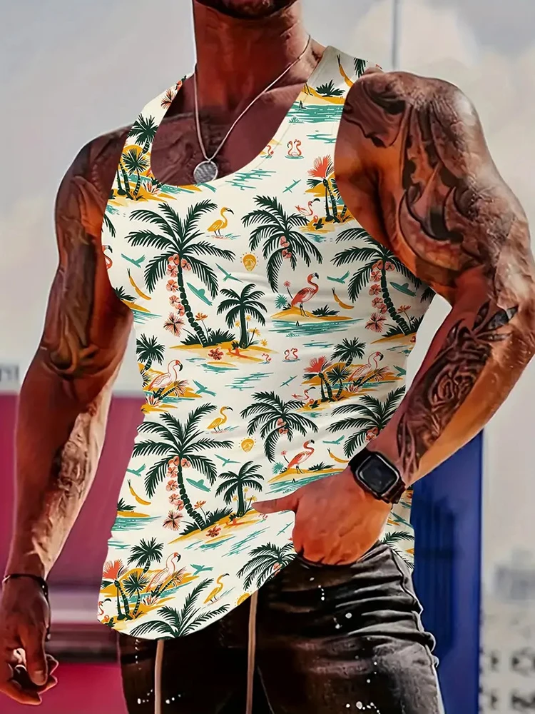 

Fashion Pattern Print Sleeveless Camisoles Mens Summer New Casual Sleeveless Slim Fit Tank Tops For Men Leisure Crew Neck Vest