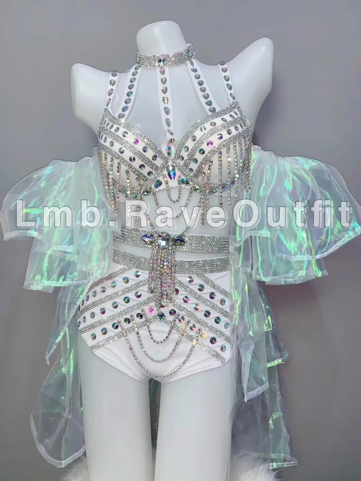 Personalized Performance Outfit Sparkling Diamond Tassel Bikini Chiffon Dress Set Female Singer Dance Stage Prom Club Show Wear