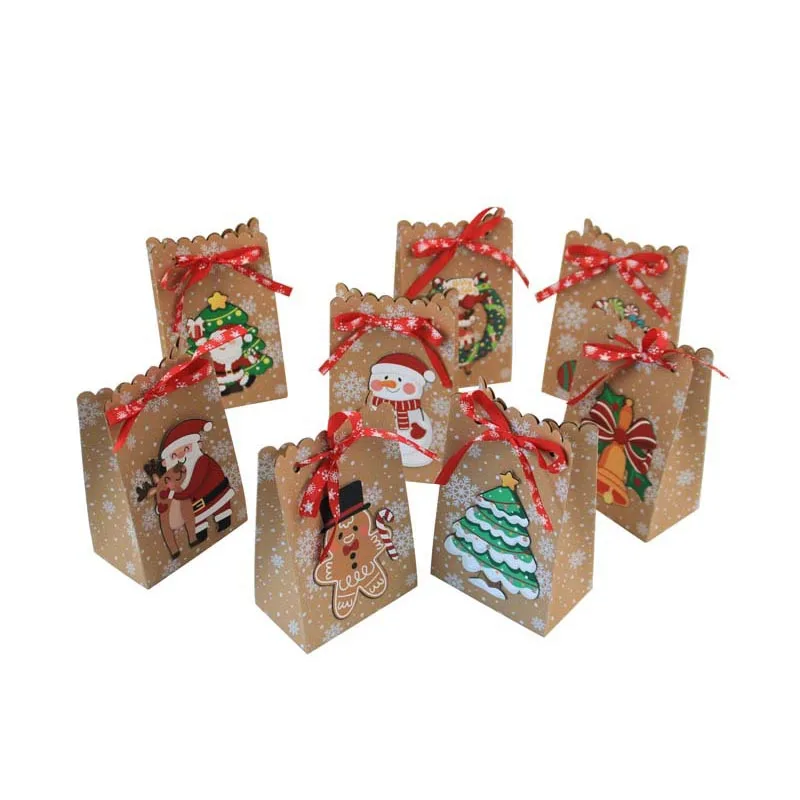 8pcs Christmas Gift Bags Xmas Tree Elk Santa Claus New Year Party Supplies Candy Chocolate Packaging Paper Kraft Bag for Guests