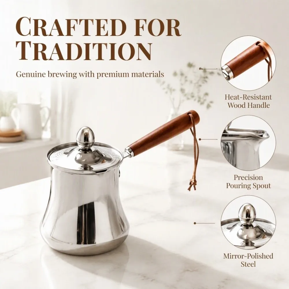 Stainless Steel Turkish Coffee Pot Spill-Resistant 250/350/550/720ml Milk Tea Pot With Lid Long-Handled Milk Pitcher Kitchen Use