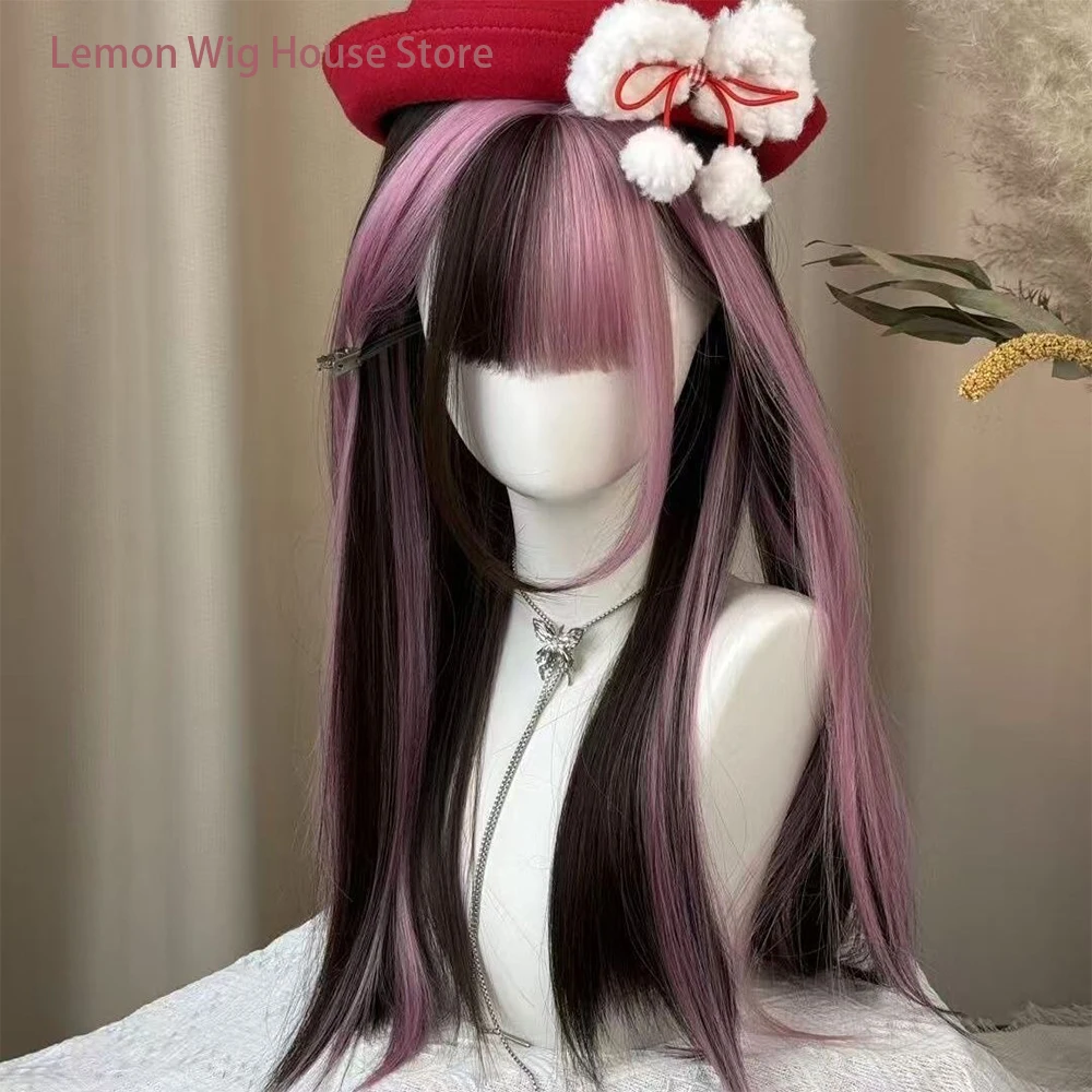 Picture 3: Black Ombre Pink Lolita Wig with Bangs Synthetic Straight Hair Natural Layered Wigs for Women Daily Cosplay Wig Heat Resistant