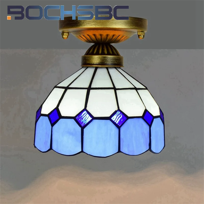 

BOCHSBC Tiffany style stained glass 8 inch Mediterranean blue white lattice ceiling light for hallway hallway balcony LED decor