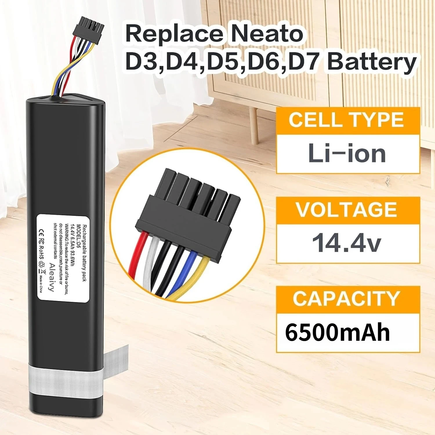 

6500mAh Battery for D3/D3+/D4/D5/D5+/D6/D7 Connected - Fits Vacuum Cleaner Models D301, D303, D502,D503,D701-D705r,High Capacity