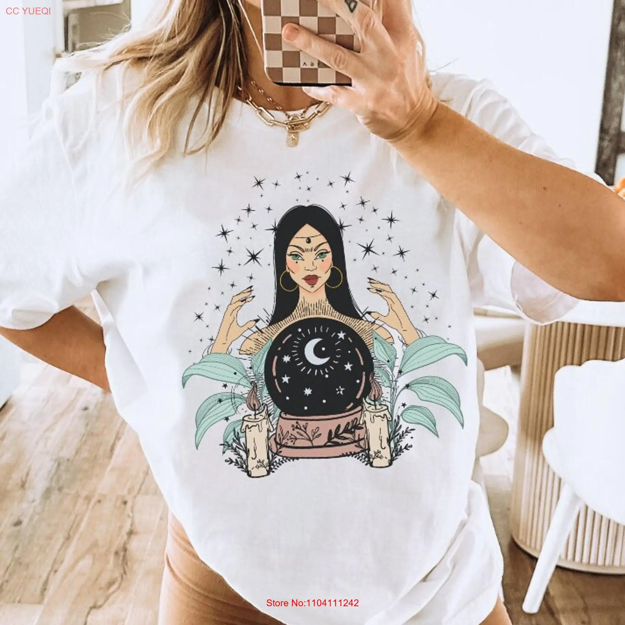 Celestial Witch T Shirt Green Mystic Modern Witchy Vibes Aesthetic Fortune Teller long or short sleeves