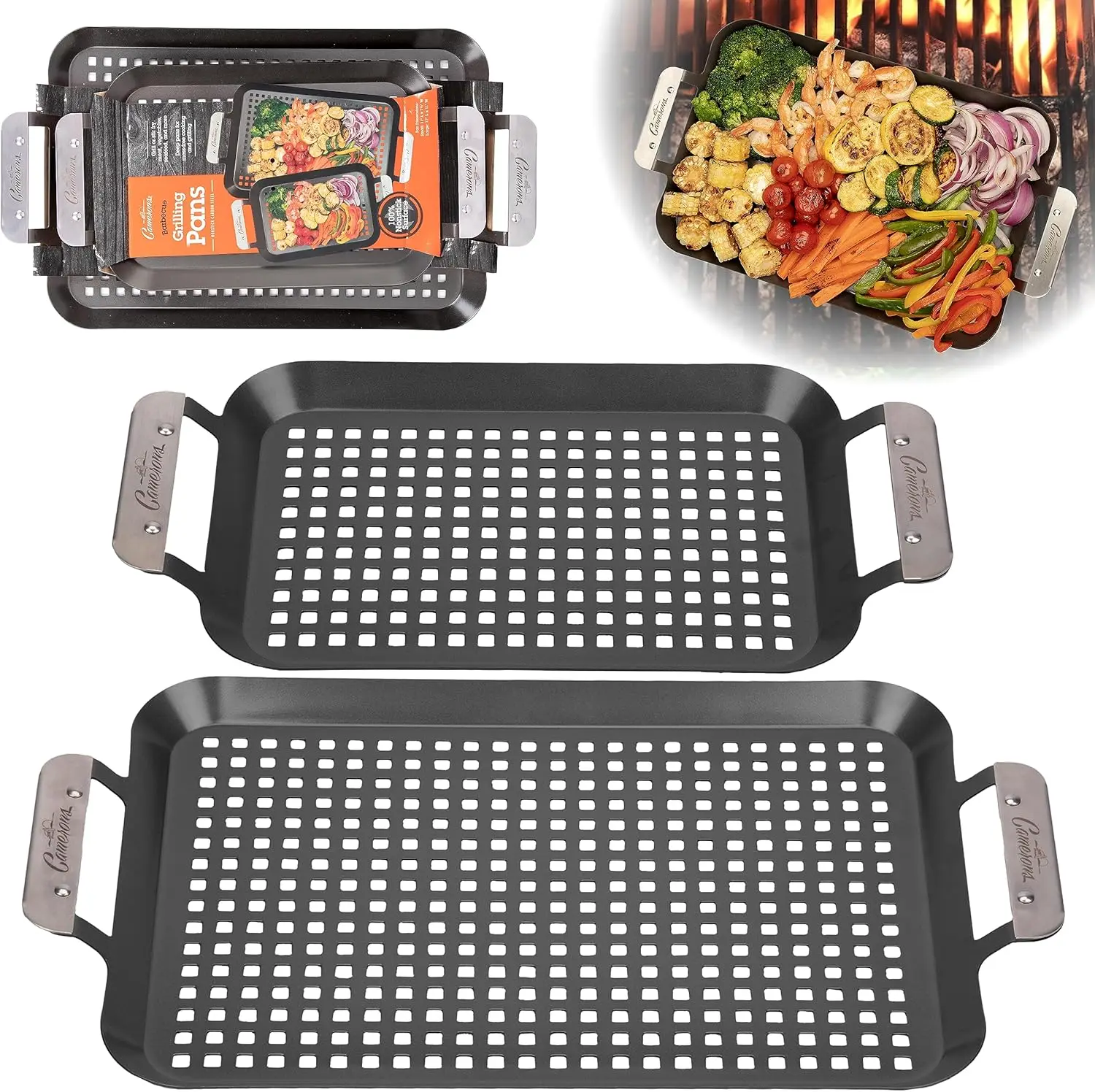 

BBQ Grill Topper Grilling Pans (Set of 2)- Non-Stick becue Trays w Stainless Steel Handles - Indoor Outdoor use for