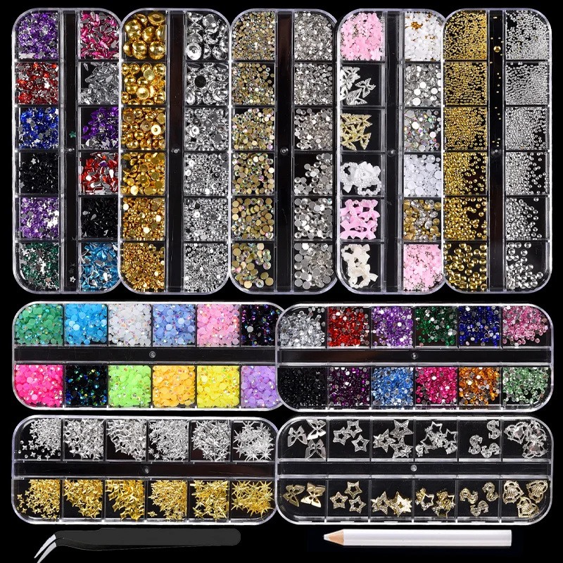 

9BOX 12 Grids Nail Art Decorations Kit - Rhinestones, 3D Charms, Sequins with Pickup Pencil for Acrylic Nails DIY Manicure.
