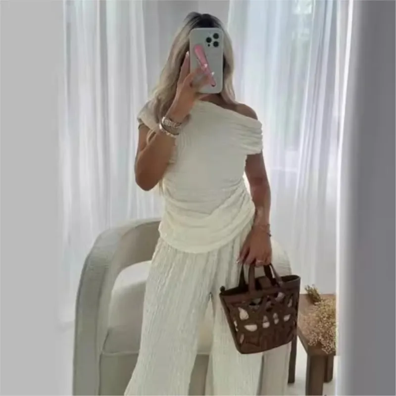 Long Pants Suit Women Solid Elastic Sleeveless Irregular Sets Female Fashion High Waist Puffy 2 Pieces Set Lady Pants Set