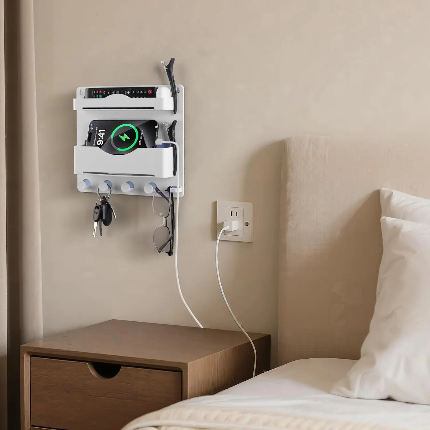 White adhesive bedside wall shelf with glasses hooks, wall‑mount organizer for dorm room, stores phone, remote, earphone,  and daily small items.