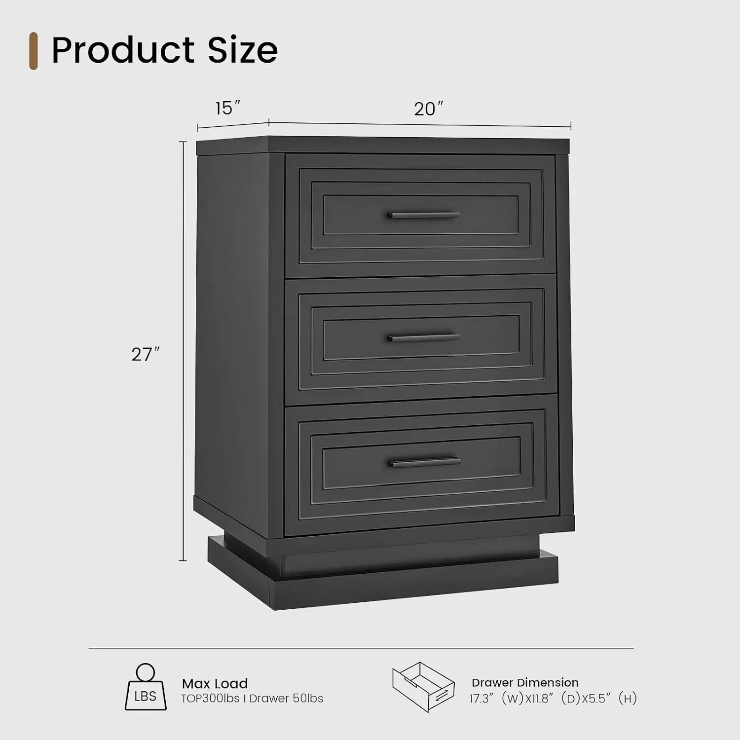 Black 3-Drawer Nightstand with Metal Handle, Wood Modern Bedroom End Table, Customized