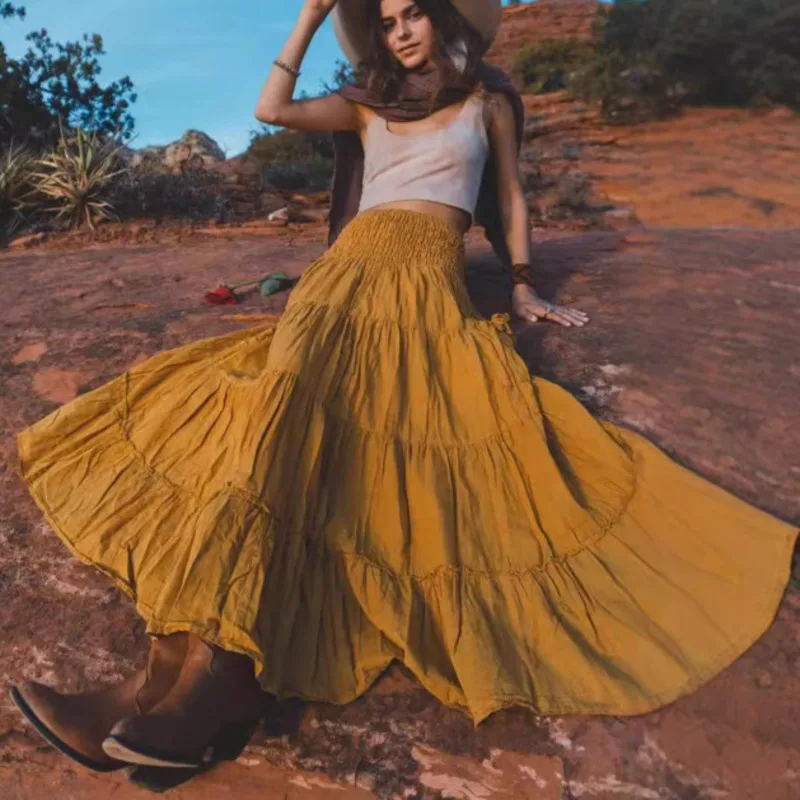 

Hippie Bohemian Style Solid Color Loose Long Skirt Retro Nepalese Elf Design Strapless Half Skirt For Forest Witch Summer Style