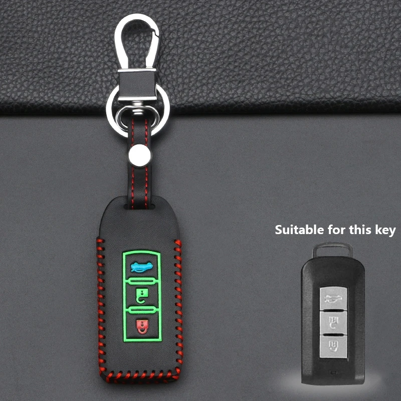 Luminous Leather Key Holder Cover Case Keychain Skin for Mitsubishi Pajero IV Lancer Outlander 2 Button Car Key Case Shell Bag