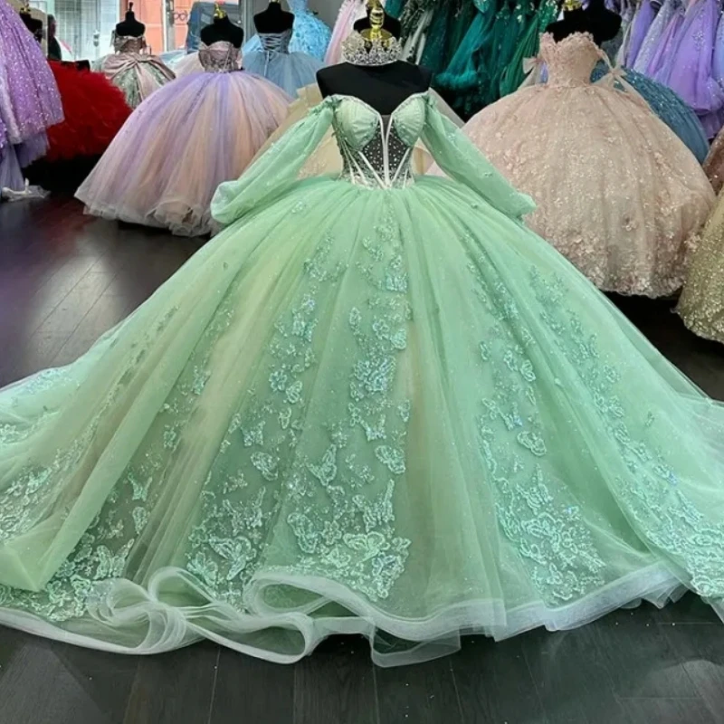 Ilusão verde menta Vestidos Quinceanera, manga comprida, doce 15, 16 vestidos de baile, concurso, árabe saudita, luxo