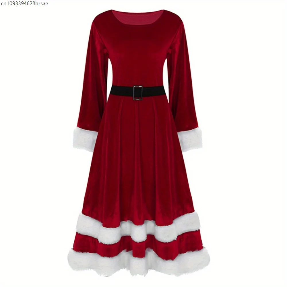 

New Christmas Women's Dress Long Sleeve Round Neck Waist Stitched Mid Length Flared Gown Holiday Party Gathering Dress