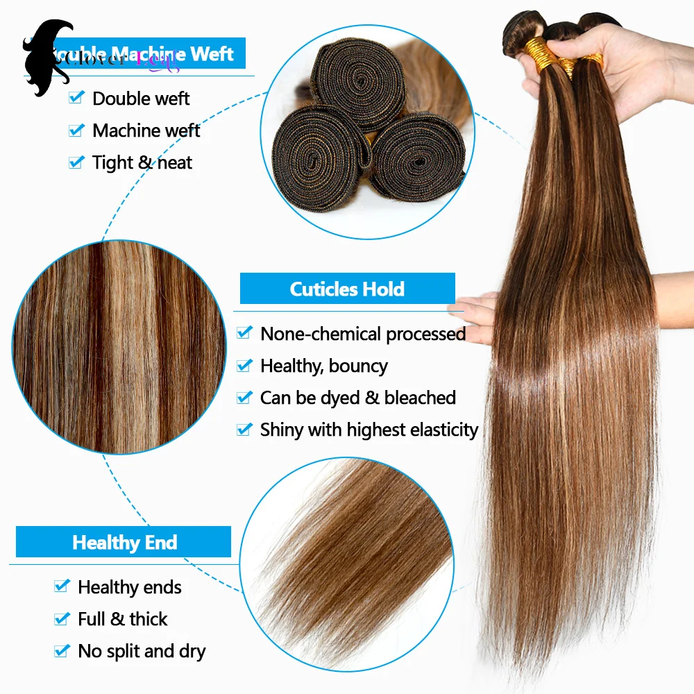 P4/27 Выделенные пучки человеческих волос 22, 24, 26 дюймов, прямые бразильские необработанные человеческие волосы, коричневые наращивание волос Remy