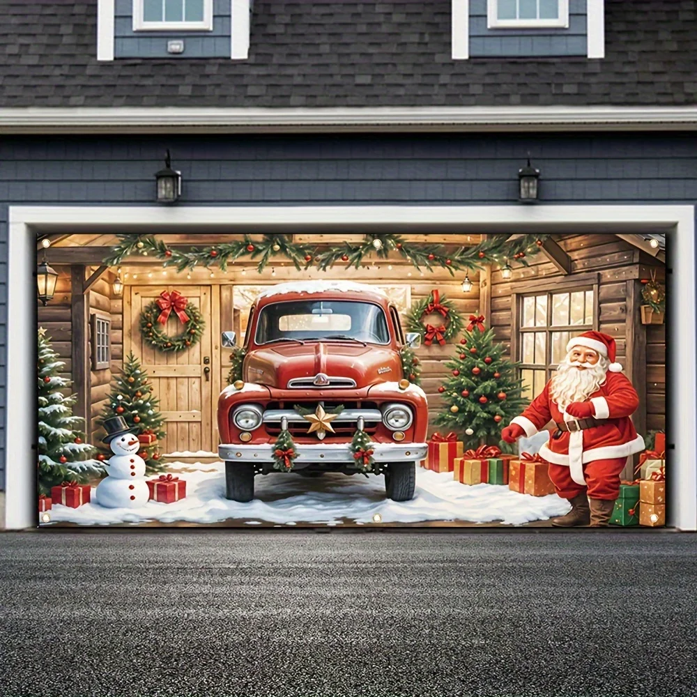 2D flaches 1-teiliges Weihnachts-Garagentor-Banner – roter Retro-Pickup-Truck und Weihnachtsmann, perfekt für die Weihnachtsdekoration