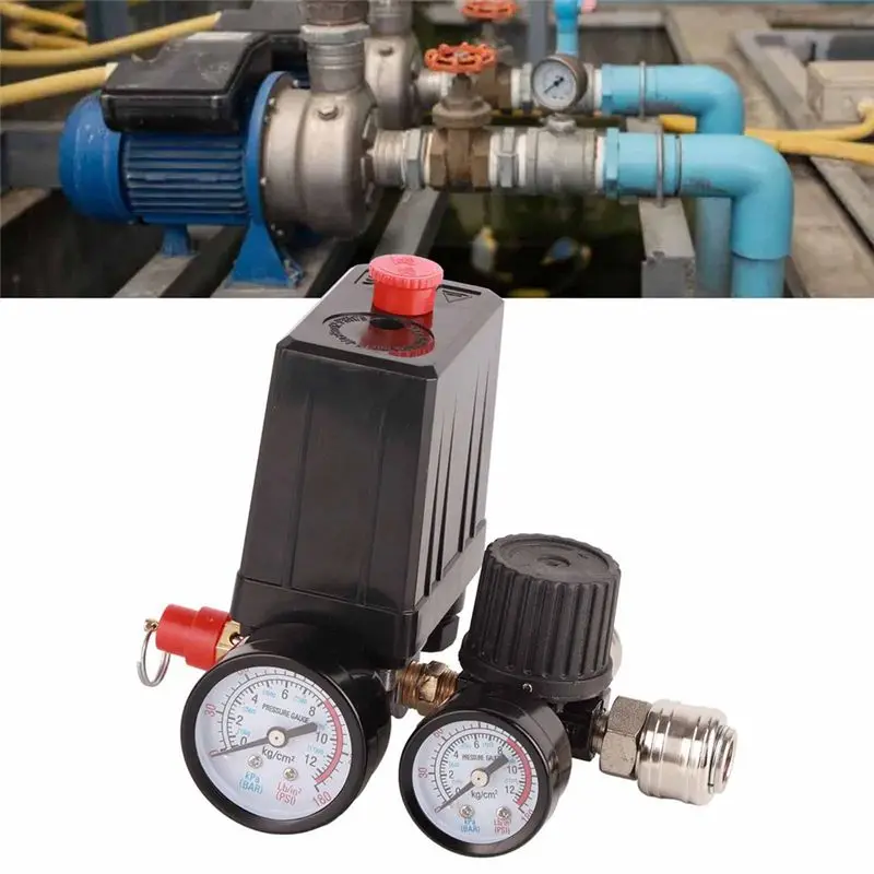 DTA6 Air Compressor Pressure Switch Valve 1/4in 4 Holes, 90-120PSI Air Control Valve Regulator, 220V Dual Connector for Workshop