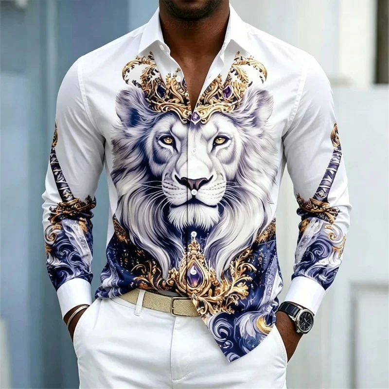 Men's long-sleeved lapel shirt Lion King printed business casual shirt fashionable casual plus size slim fit men's top