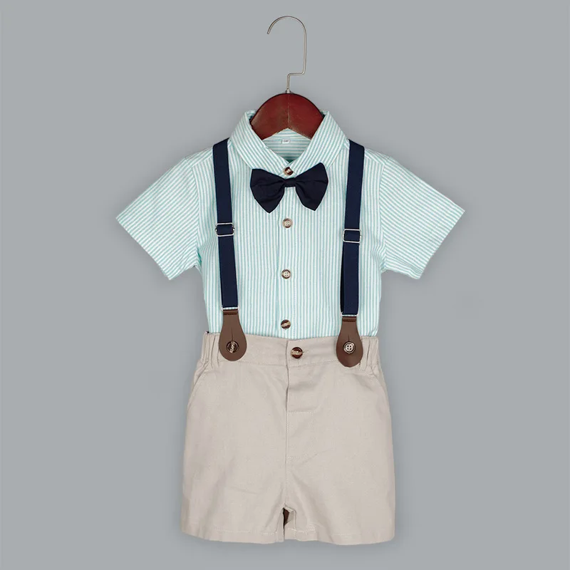 

Boys Shirt Suspender Short Bowtie 4PCS Photograph Set Kids 1Year Birthday Baptism Wedding Suit Children Graduation Party Costume