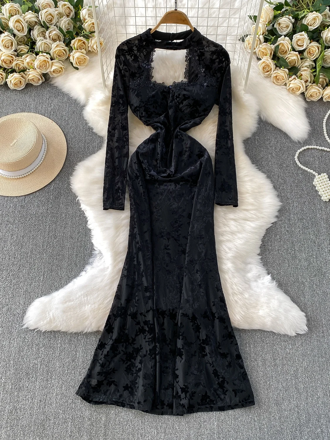 E Vestido Largo de Encaje Calado con Cuello Redondo y Rell para Mujer, Vestido Largo de Terciopelo con Flores Quema...