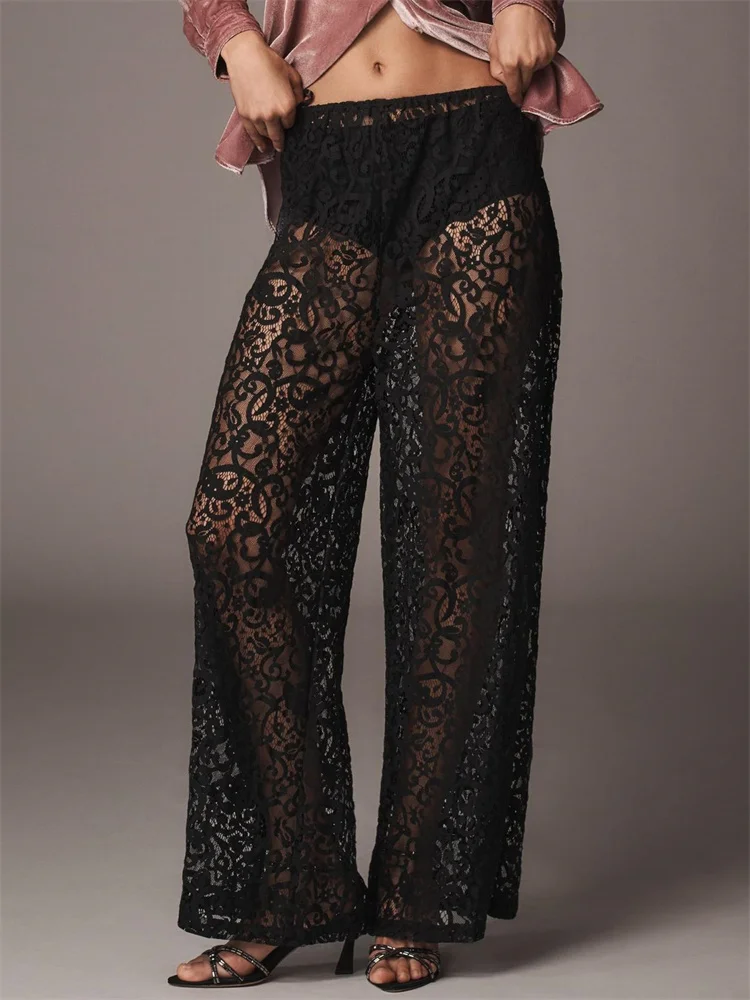 CHRONSTYLE Lace Floral Mesh See Through Long Pants Summer Cover Ups for Women Sexy Elastic Waist Black Party Wide Leg Pants 2025