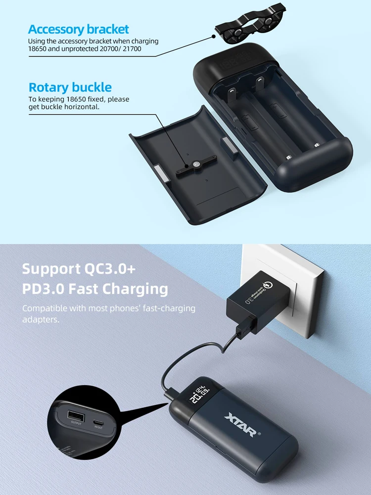 XTAR PB2SL Battery Charger 18650 21700 20700 Power Bank 18W QC3.0 Fast Charge USB Type C Charging Li ion Battery 18650