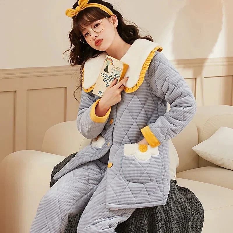 Pajamas Women\'s Winter Three-Layer Quilted Thickened Pajamas Long Plush Medium Long Hooded Plush Warm Home Clothes Suit Female