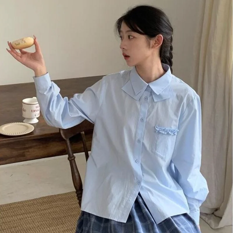 

Korean Style Cotton Shirt Women Casual Wear Long Sleeve Blue New Versatile Plain Color Loose Spring Fashion Stand Collar Shirt