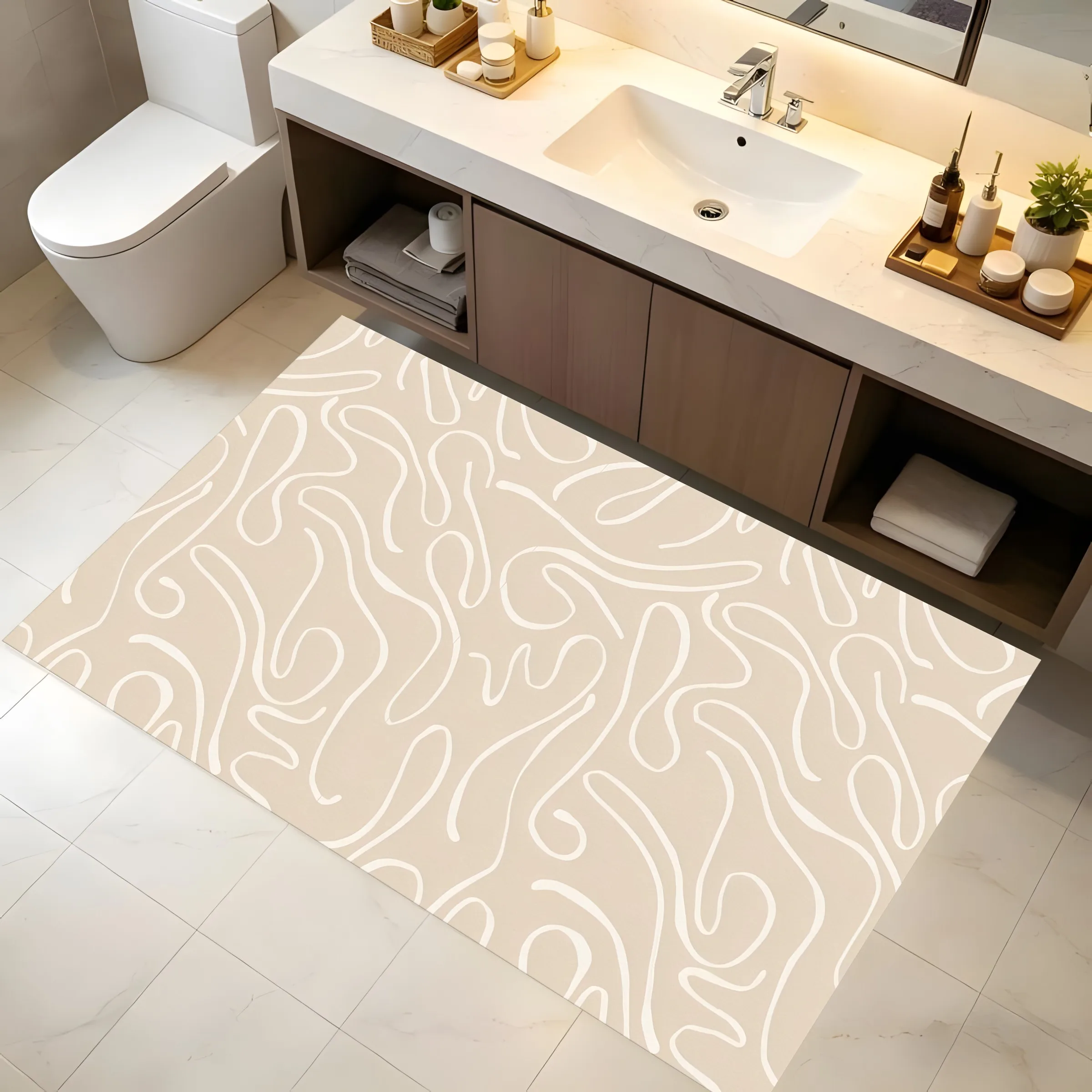 2D Large Rug, Milk Tea Flowing Curves, Gentle Creamy Style, Living Room Bedroom Relaxation Area