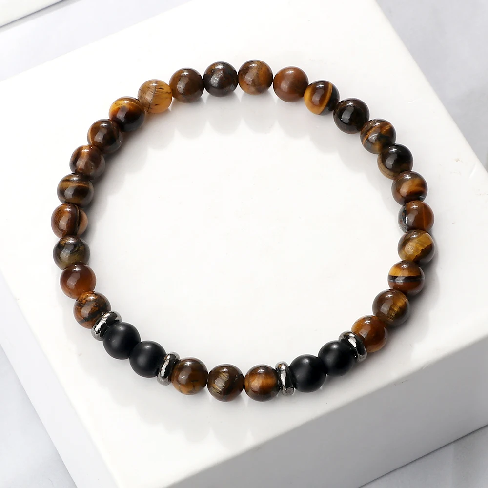 6mm Beaded Bracelets Men Natural Tiger Eye Stone Black Onyx Strand Bracelet Charm Stretch Bangle Women Energy Yoga Wrist Jewelry