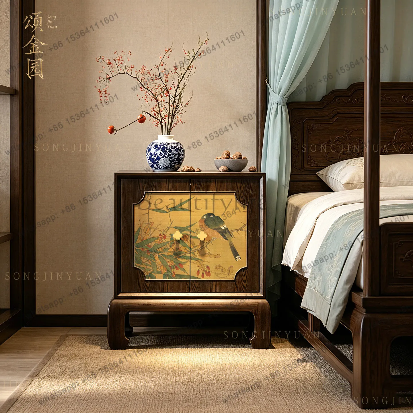 LX yellow bottom bamboo branch bird pattern bedside table retro storage storage drawer cabinet