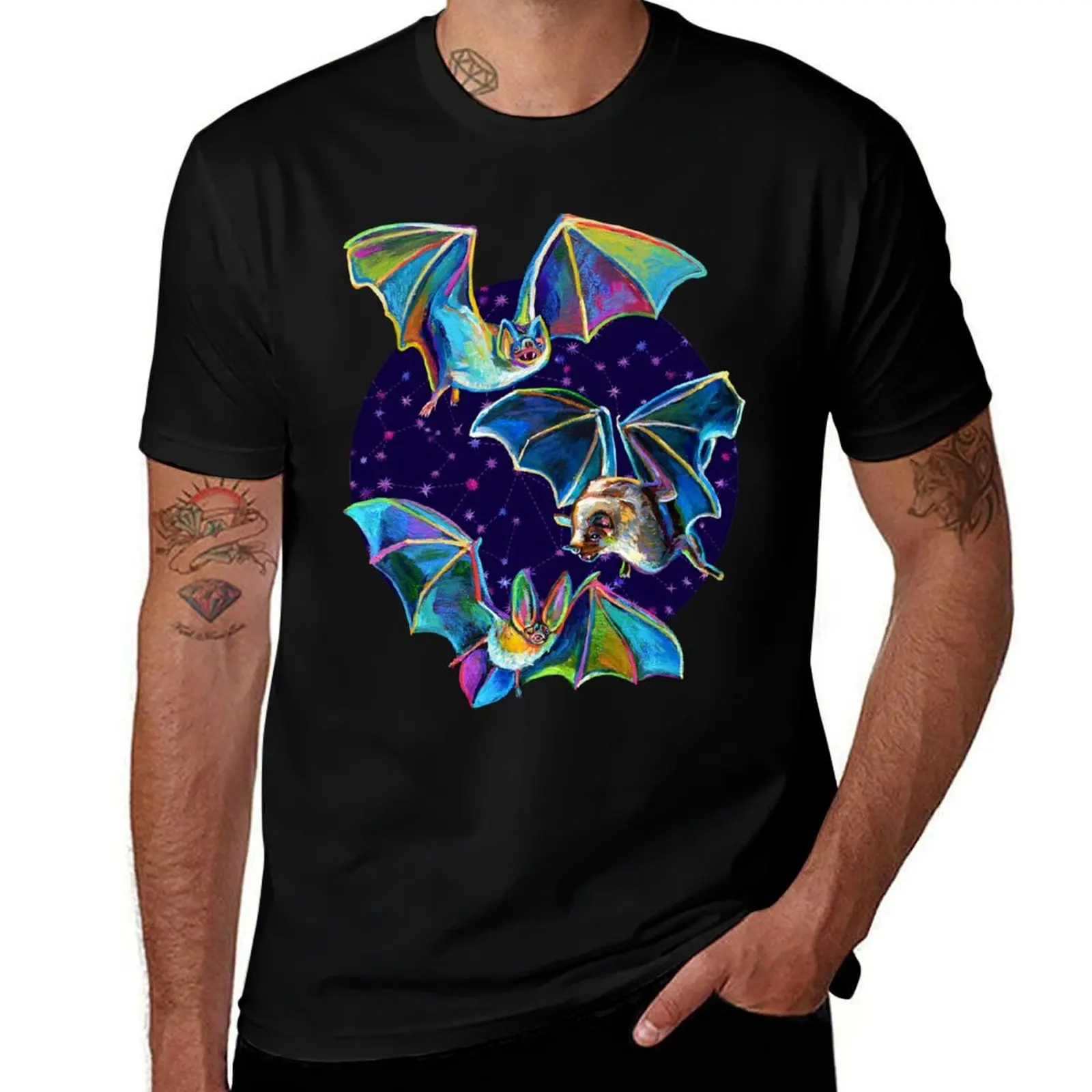 

Psychedelic Bat Trio Pattern on Blue T-Shirt g man t shirts for men man t shirts graphic cotton t shirts high quality T-shirt