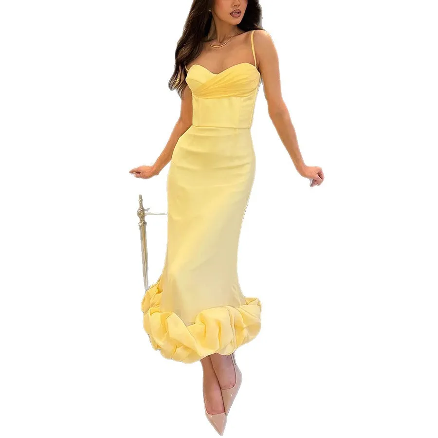 Women's Solid Color Swing Strap Clothes Smart Fit Elegant Gown. 8159 Birthday Dress Boho Femme Clothes Outfits