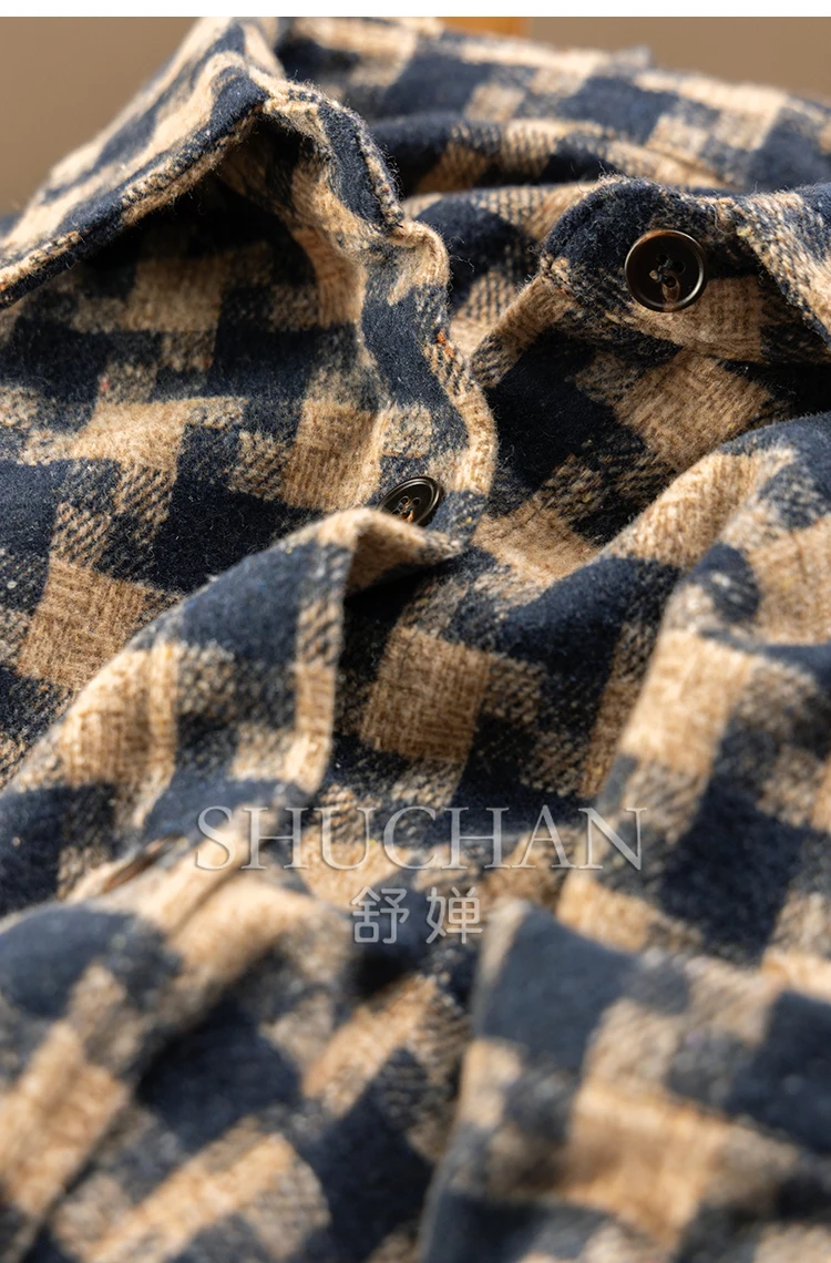 Retro French  Early Autumn Lazy Yarn-dyed Plaid Arc Pendulum Long-sleeved Shirt Jacket Women 5Y78