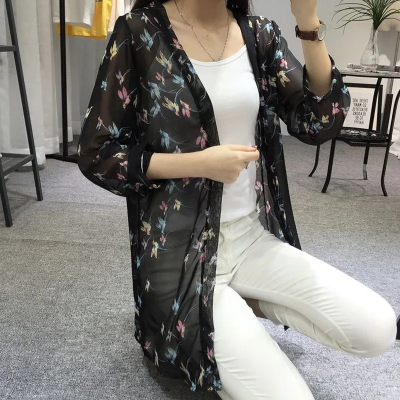 Stylish Women\'s Casual Long Sleeve Cardigan Chiffon Birds Printed Long Loose Blouse Shirt Sunscreen Clothing Versatile Thin Coat