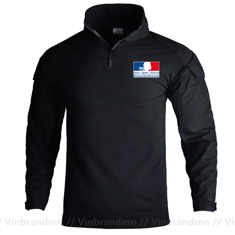 France Flag Design Men's Long Sleeve Combat Uniform Shirt 1/4 Zipper Ripstop Cotton Tactical T Shirts Hunting Fishing Clothing