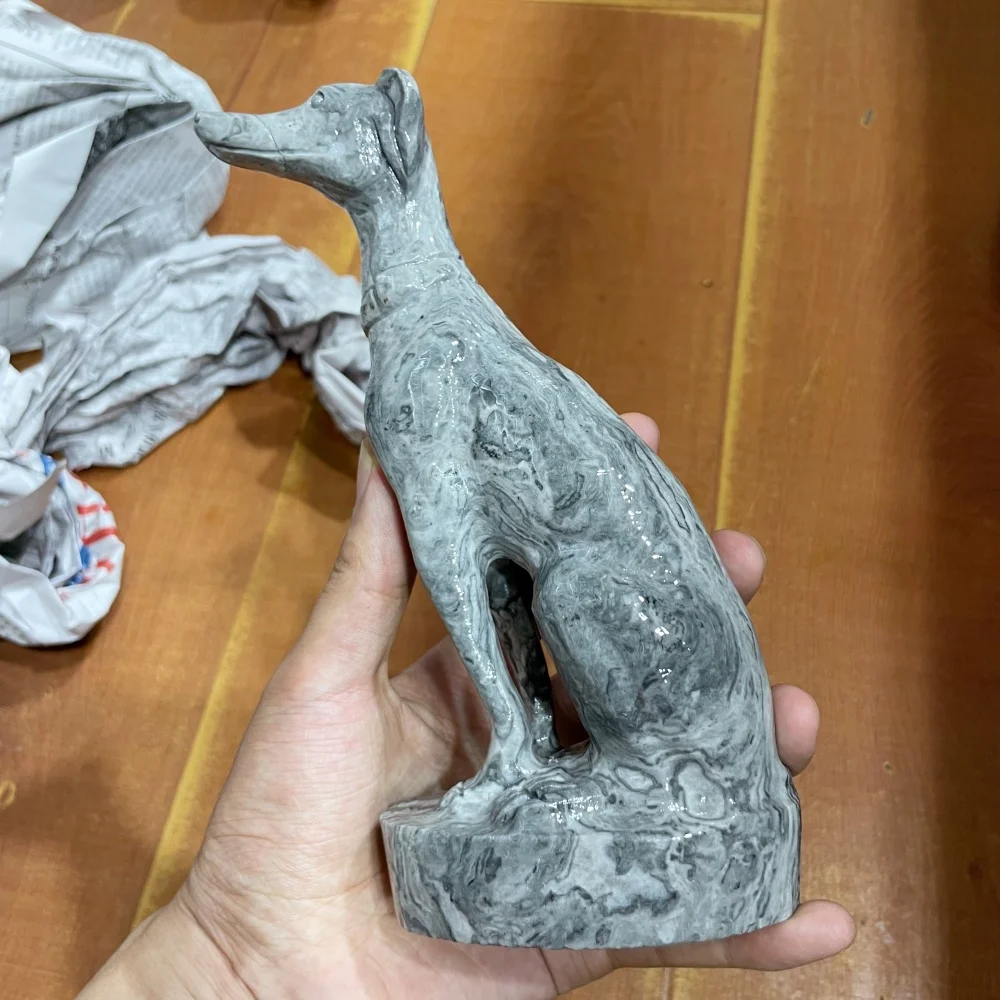18cm Natural Picasso Stone Sitting Greyhound Statue Hound Dog Sculpture Stone Animal Craft Home Decoration Collectible Gift