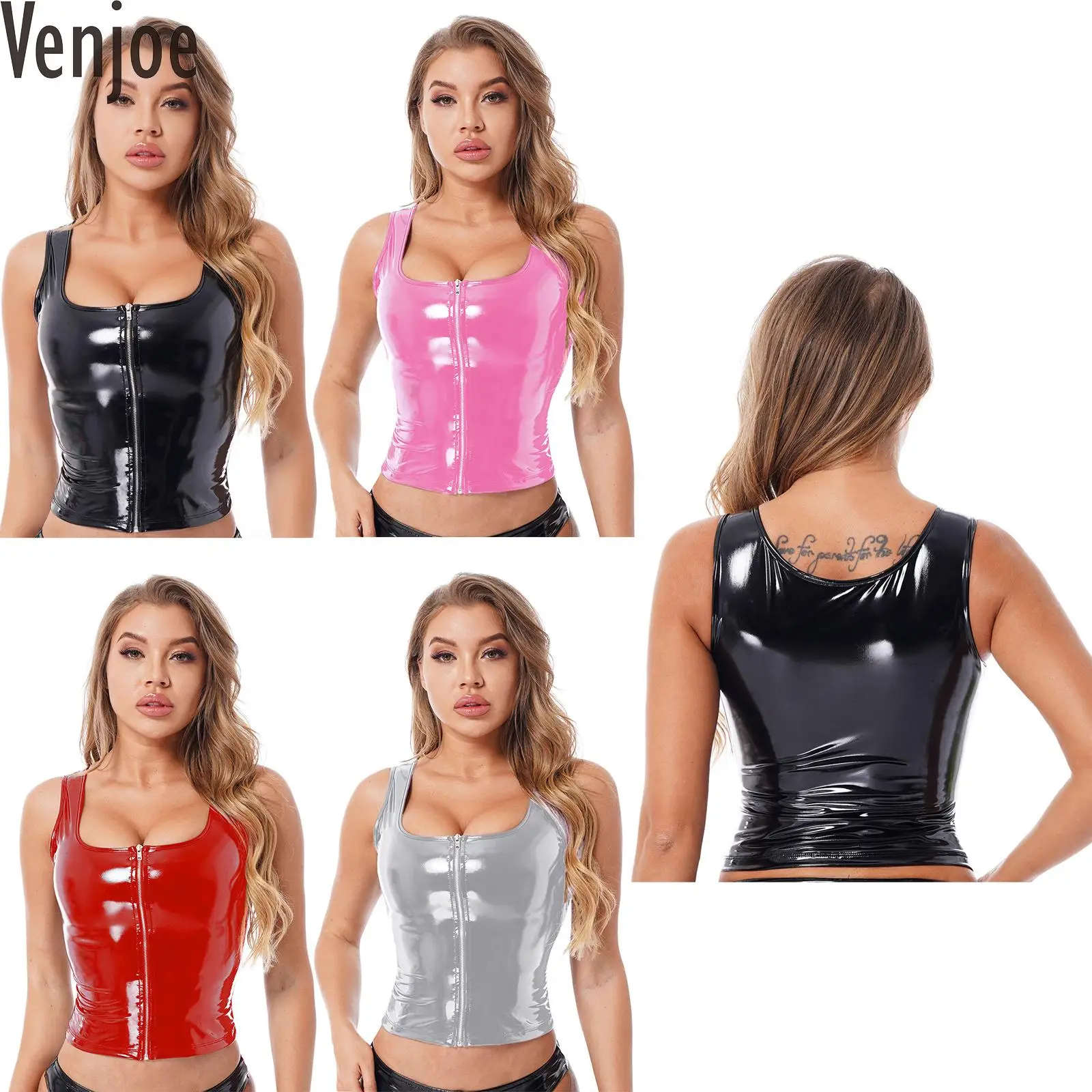 Womens Fashion Zipper Patent Leather Exotic Tanks Top Wet Look U Neck Sleeveless Latex Vest Club Pole Dancing Costume