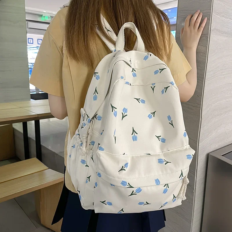 Girls Bookbag Nylon Multi Pocket Cute School Travel Shoulders Bag Junior Senior High School Students Blue Tulip Backpacks