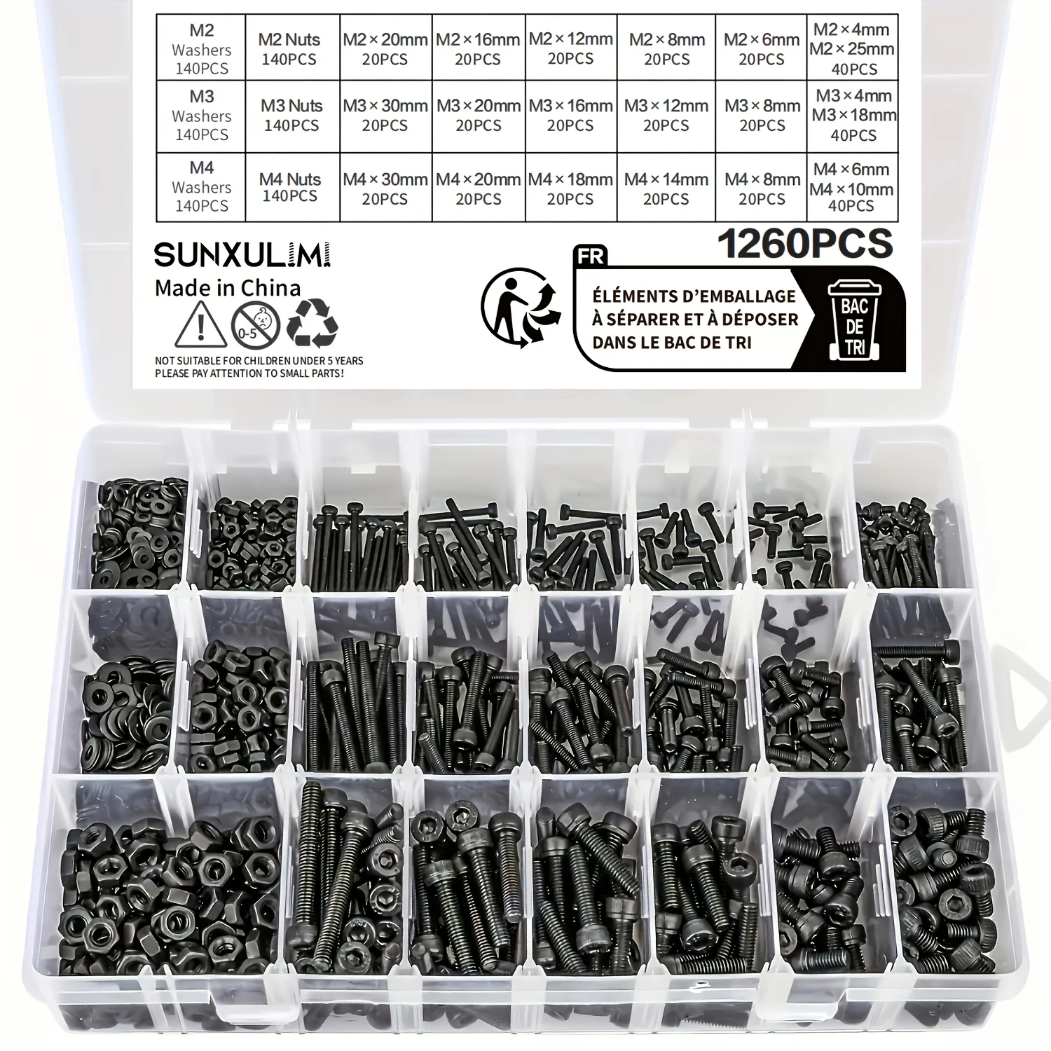 

1260pcs Metric Bolt Assortment - M2 M3 M4, 21 Sizes 4MM To 30MM 12.9 Alloy Steel Bolts And Nuts Kit