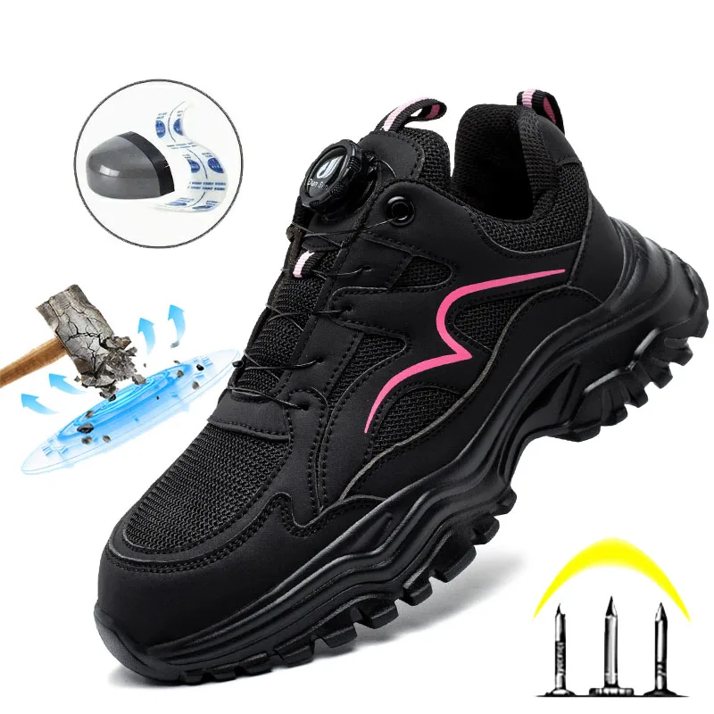 Ladies Safety Working Shoes Trail Running Shoes Outdoor Steel Toe Sneakers Lightweight Breathable Sneakers Lace Up Low Top Shoes