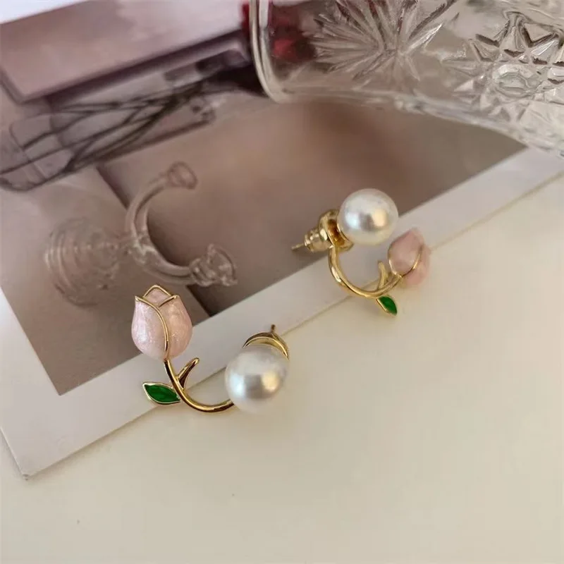 French Light Luxury Pink Tulip Flower Pearl Stud Earrings For Women Korean Zircon Exquisite Earring Party Christmas Jewelry Gift