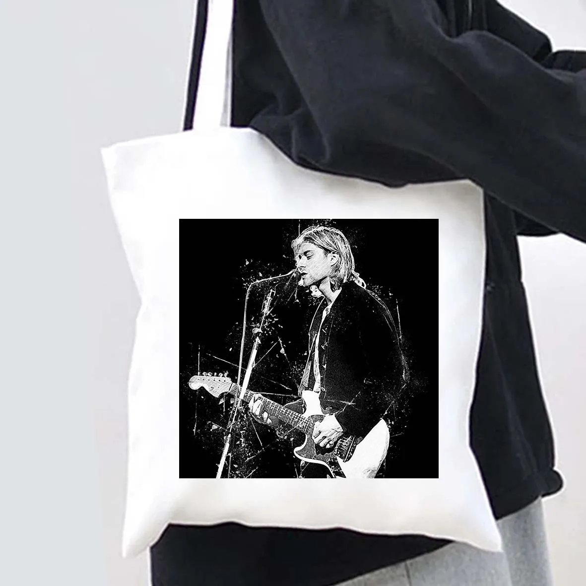 Singer Kurt Cobain Portrait Pop Poster Rock Roll Music Retro Vintage Men Women Canvas Shoulder Tote Bag Shopper Shopping Handbag