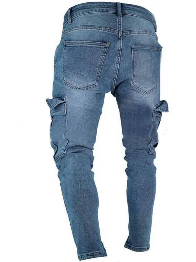 Jeans cargo skinny alla moda Tasca da uomo Slim Fashion Streetwear Pantaloni con piedi piccoli Pantaloni da uomo in denim hip-hop elastico lavato