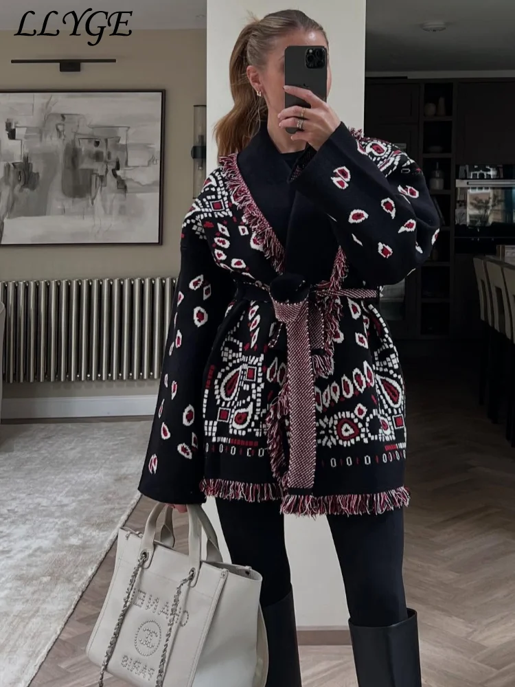 Elegant Knit Jacquard Tassel Belt Cardigan Women Lace Up Lapel Long Sleeve Warm Sweater 2026 Autumn Winter Lady Knitwears New 2 Elegant Knit Jacquard Tassel Belt Cardigan Women Lace Up Lapel Long Sleeve Warm Sweater 2026 Autumn Winter Lady Knitwears New 2