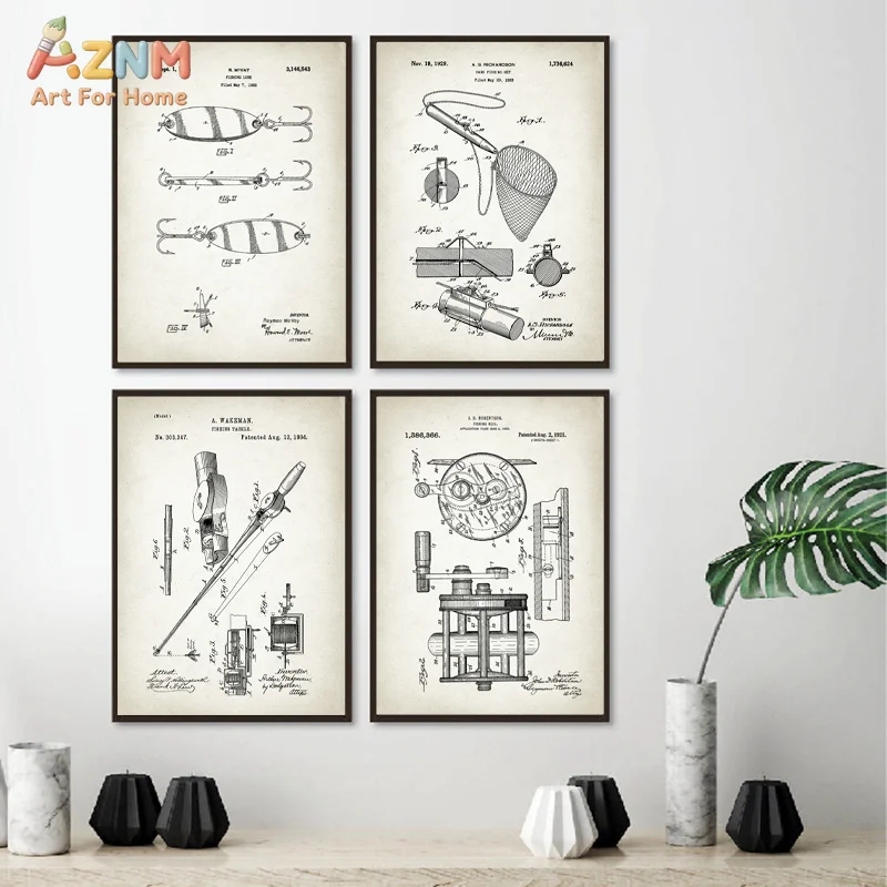 AZNM Vintage Fishing Tackle Patent Blueprint Canvas Wall Art Print Decor