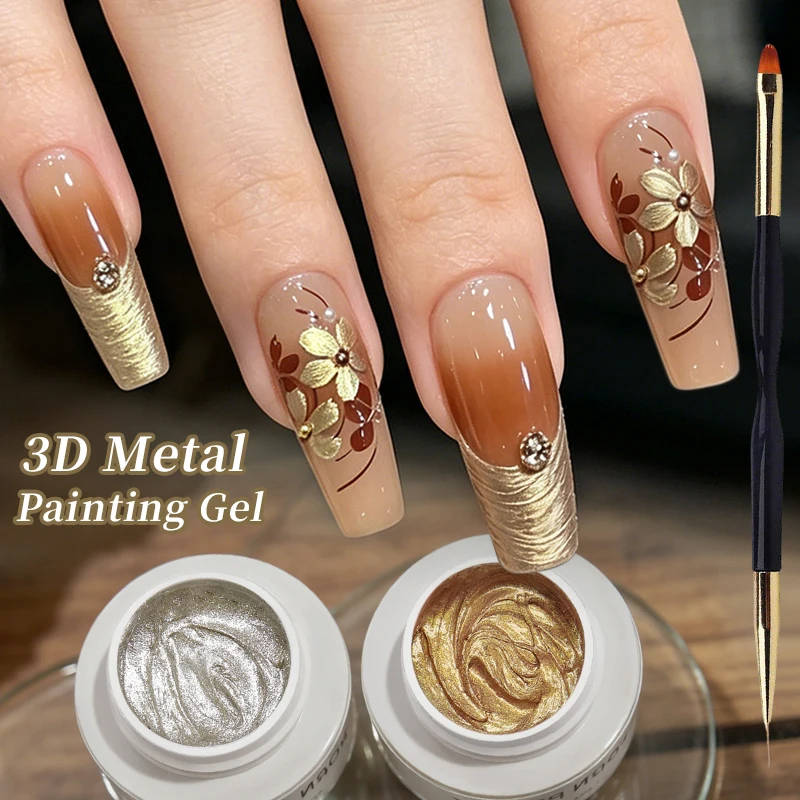 BORN PRETTY 5ml Gold Silber 3D Metall Nagelgel-Lack, Schnitzgel mit Gips-Textur, Geprägtes Nagelgel für DIY Maniküre-Kunst