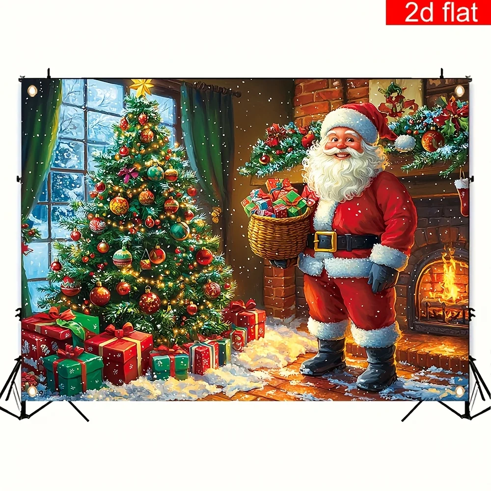 1 لافتة خلفية للتصوير الفوتوغرافي لعيد الميلاد المجيد - تصميم سانتا كلوز وشجرة عيد الميلاد، مع 4 فتحات لسهولة التعليق #6