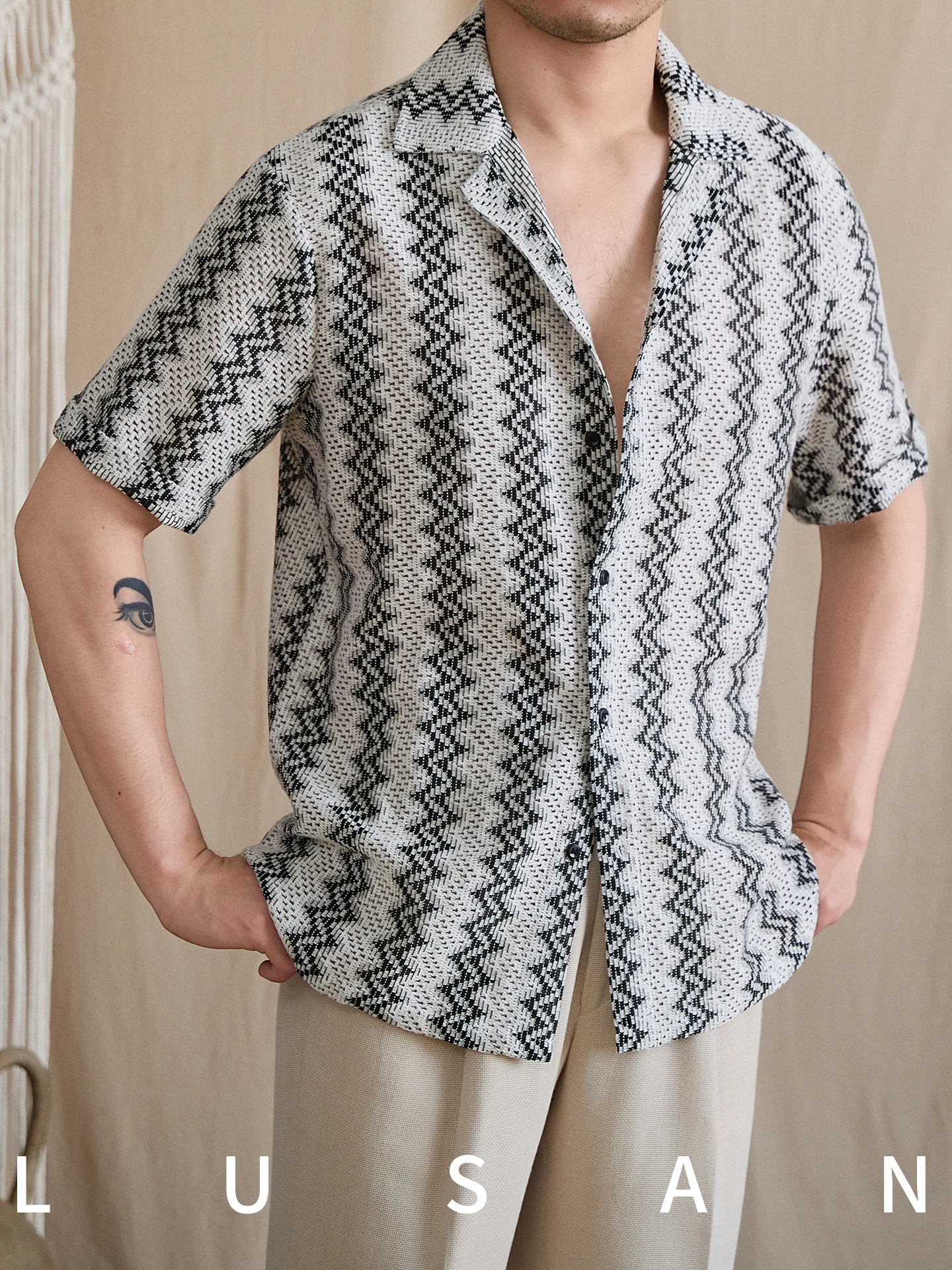 High-End Cotton Blended  Cuban Collar Vacation Beach Short Sleeve Shirt Breathable Personality All-Matching Shirt Trendy Men