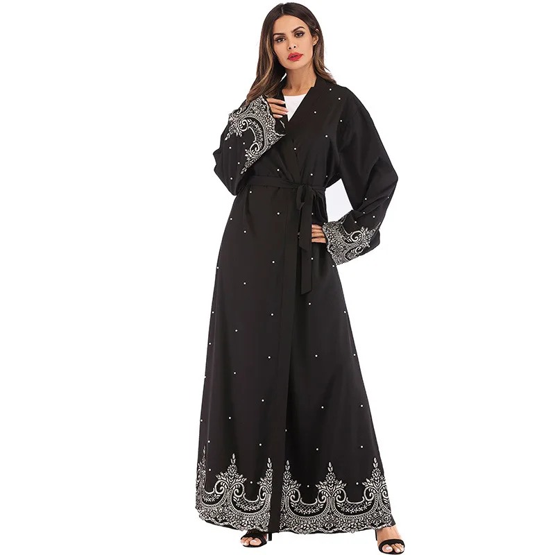 

Middle East Muslim Long Sleeve Embroidered Beaded Robe Women Long Arabian Cardigan Robe Abaya Dress